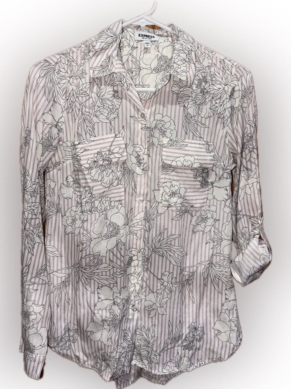 Express The City Shirt Pink & White Floral Stripe With Peonies XS